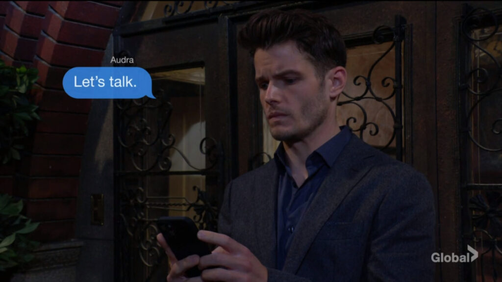Kyle sends Audra a text. "Let's talk."