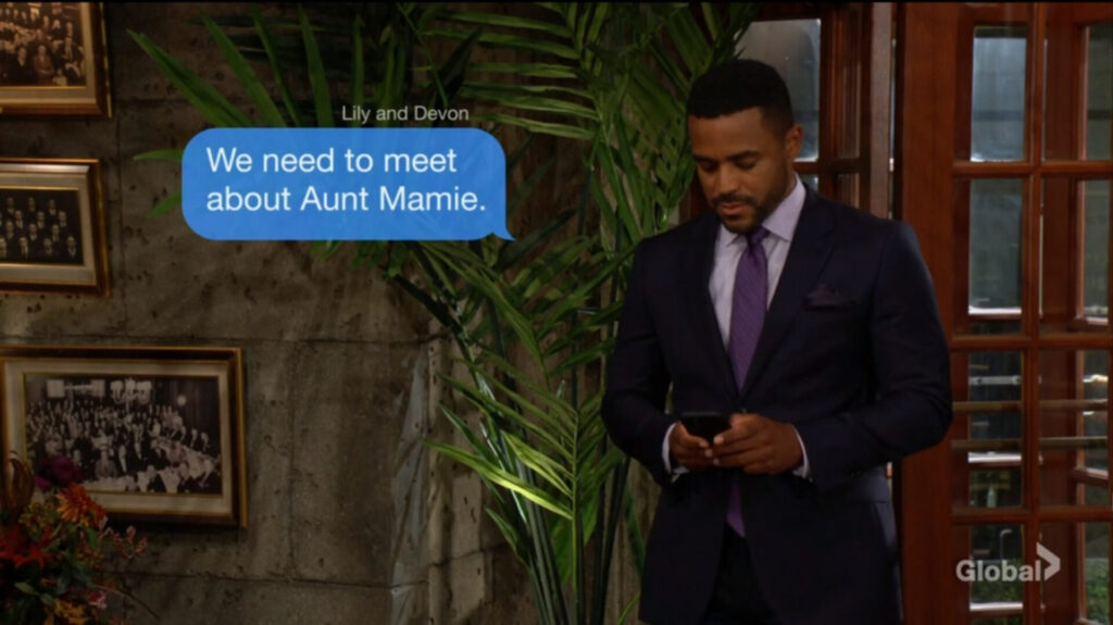 Nate sends a text to Lily and Devon. "We need to meet about Aunt Mamie."
