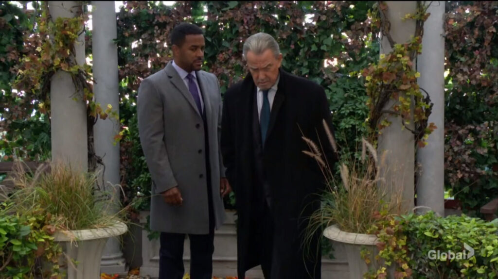 Nate Hastings and Victor Newman walk in the park.