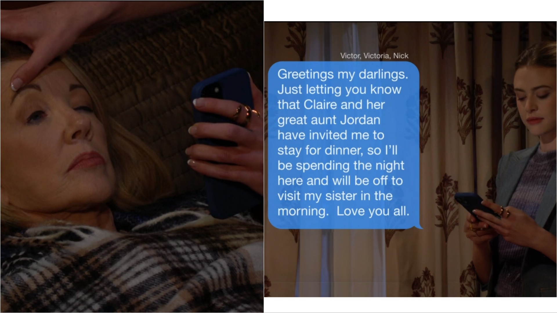 Claire unlocks Nikki's phone and sends a text.