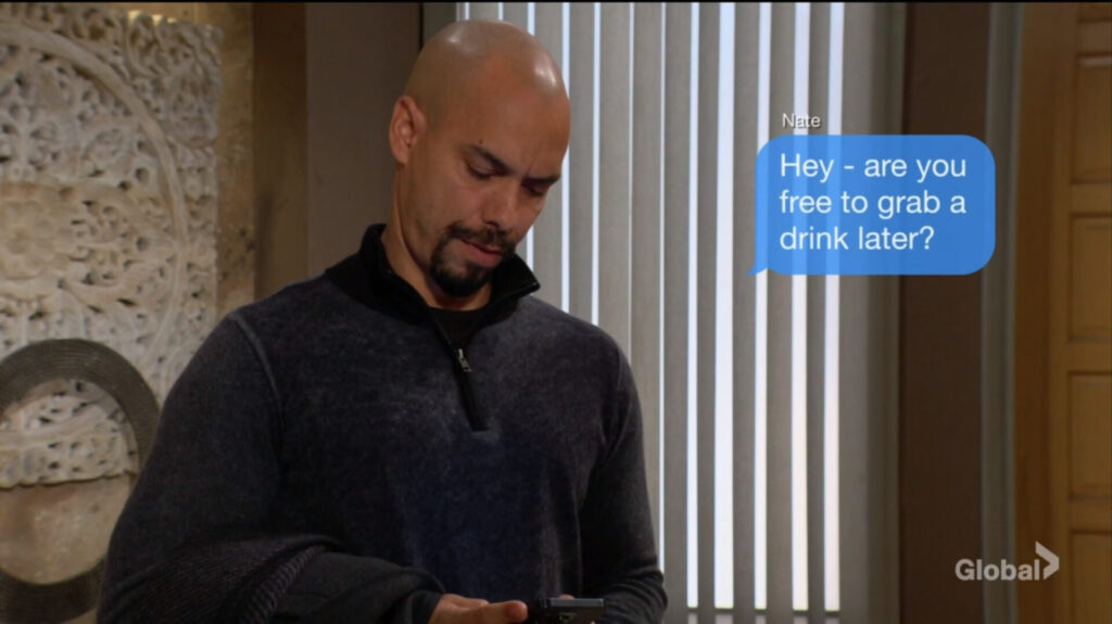 Devon texts Nate. "Hey - are you free to grab a drink later?"