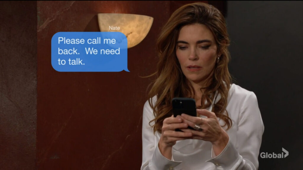 Victoria texts Nate. "Please call me back. We need to talk."