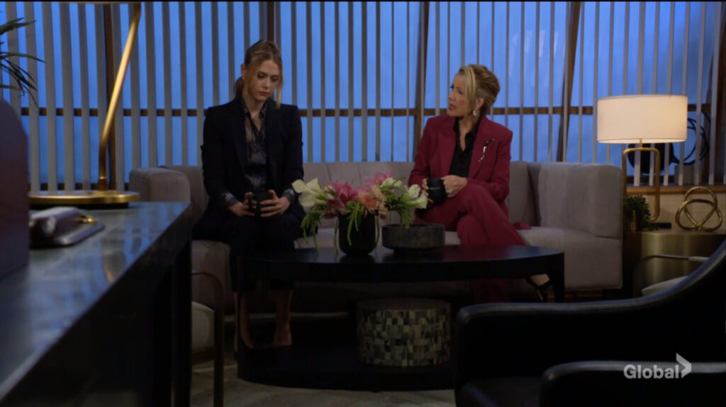 Claire and Nikki sit on a couch as they talk.