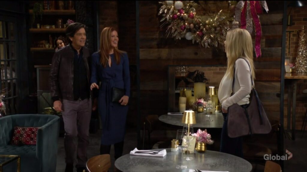 Danny and Phyllis enter the restaurant and talk to Christine.