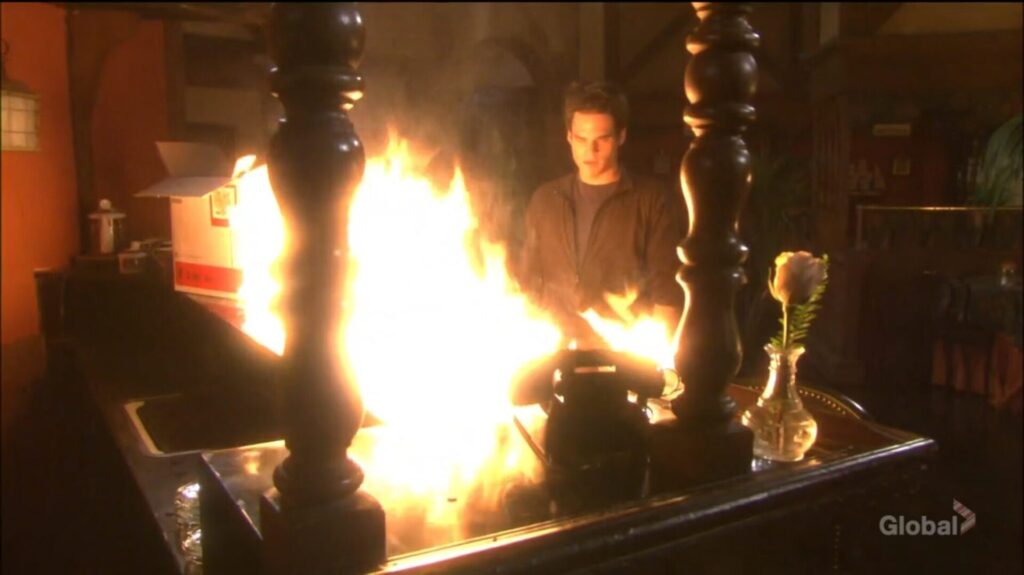 Kevin is surrounded by fire.
