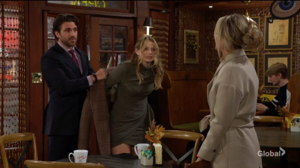 Chance helps Summer on with her coat as they talk to Sharon.