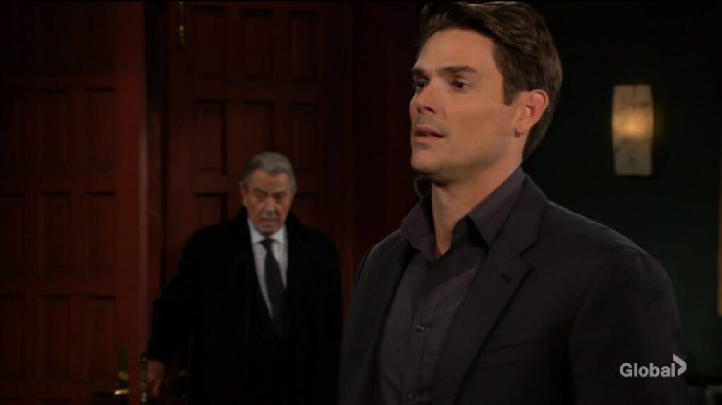 Victor Newman enters the office while Adam talks with Nick.