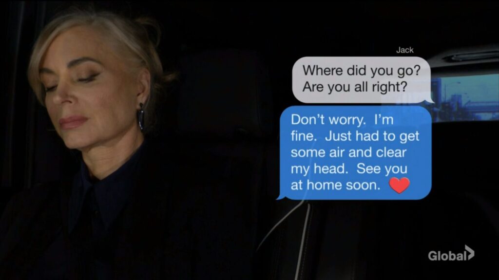 Ashley Abbott sits in the back of a car and messages with Jack.