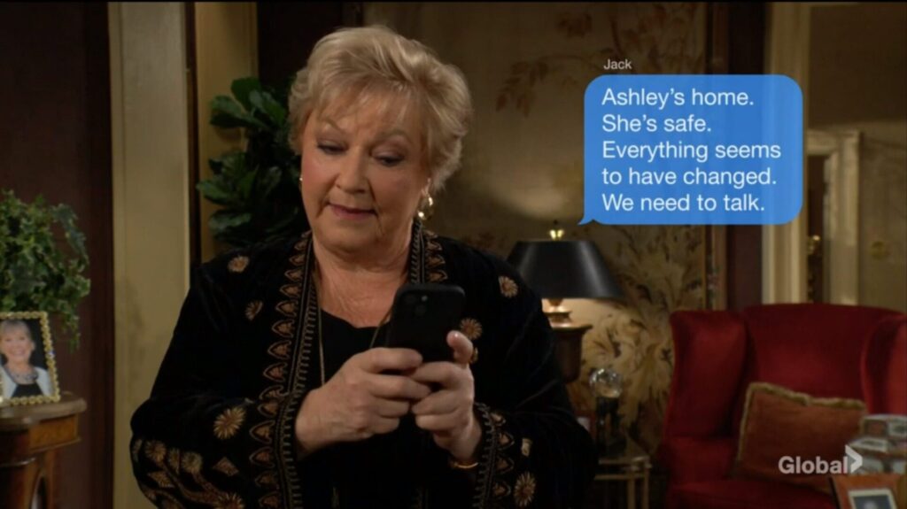 Traci sends Jack a text message. "Ashley's home. She's safe. Everything seems to have changed. We need to talk."