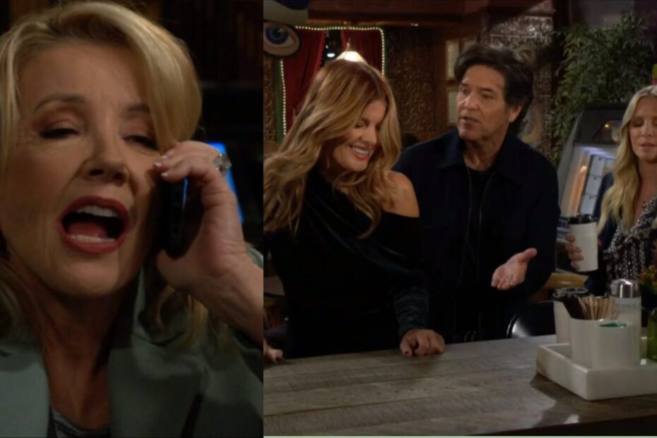 Nikki is drunk on the phone; Phyllis smiles while Danny talks to her, and Christine looks unimpressed.