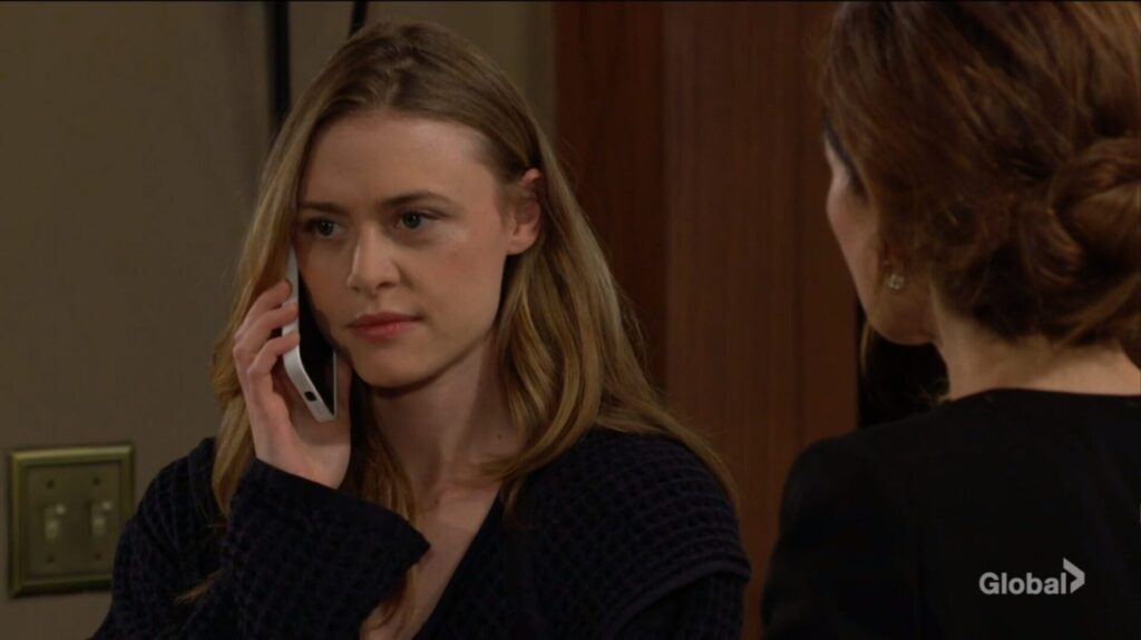 Claire Grace talks on the phone to Jordan as her mother listens in.