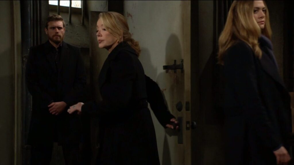 Larry the Bodyguard watches as Nikki Newman closes the door. Claire Grace looks at Jordan.