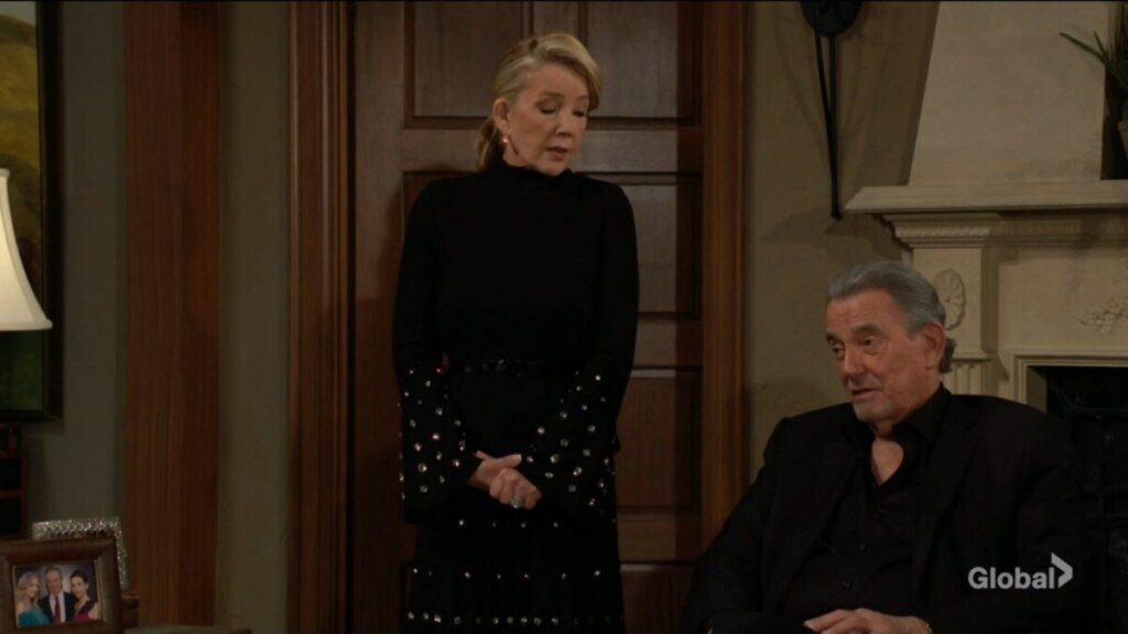 Victor Newman talks to Claire as Nikki looks on.