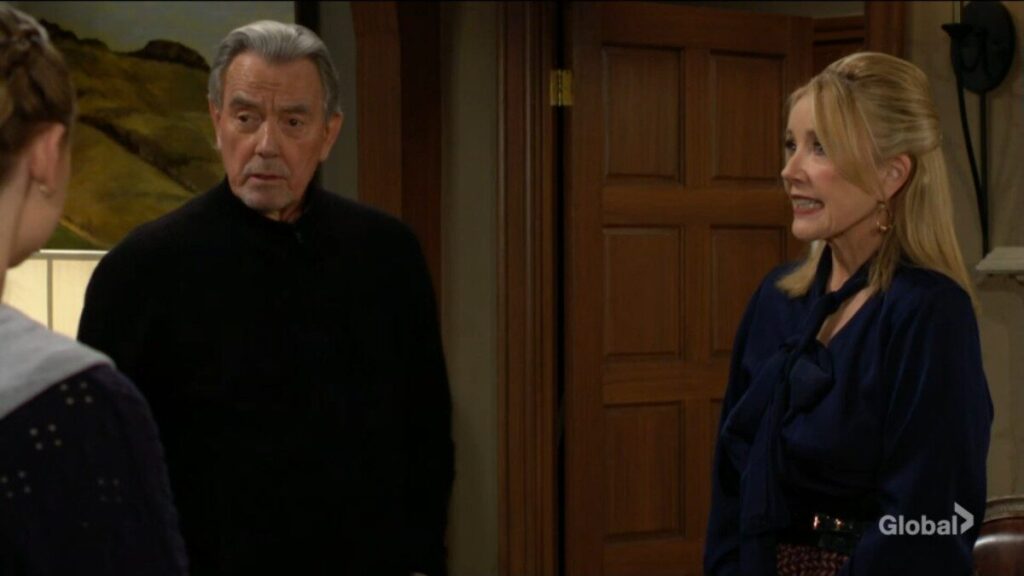 Victor Newman and his wife, Nikki, talk to Claire and Victoria.
